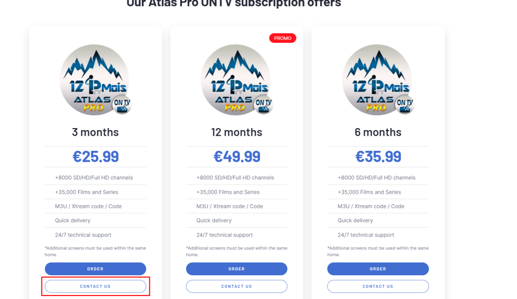 Click on the Contact Us button to subscribe Atlas Pro ONTV IPTV 