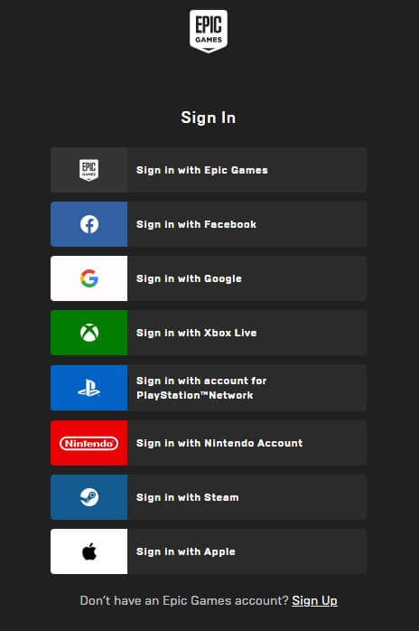 Sign in to Epic Games account