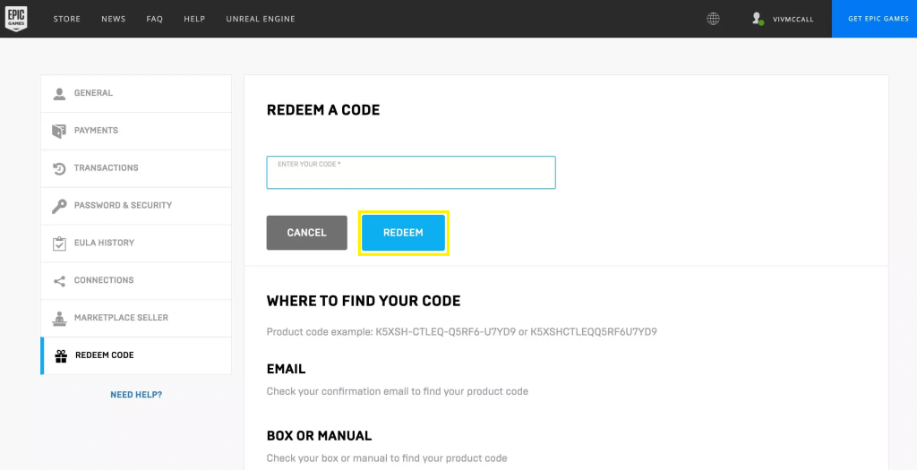 Click the Redeem option in the Epic Games Store website