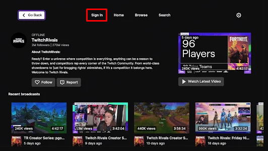 Sign in to Twitch on streaming device