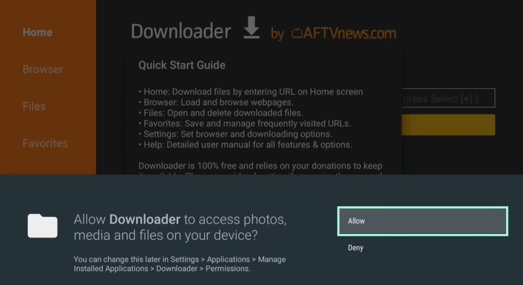 Allow Permissions to Access Downloader on Android TV