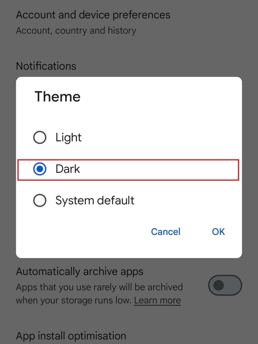 Choose Dark on Google Play Store