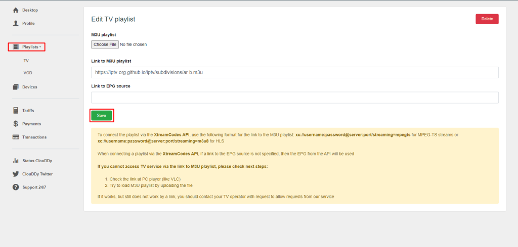 Click on Playlist option to upload the IPTV on ClouDDy IPTV