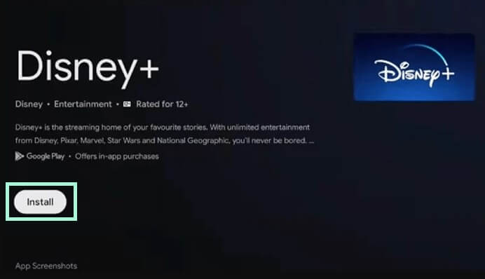 Hit the Install button to download Disney Plus on Toshiba Android TV