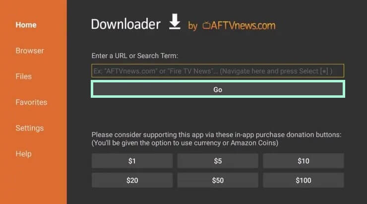 Enter the URL and hit the Go button to download the IPTV app on TCL TV