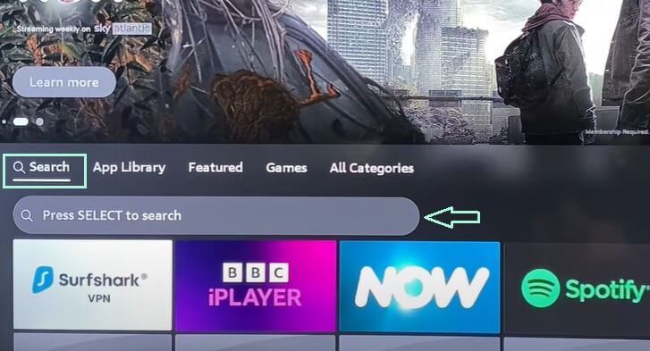 Select Search to find apps you want to install on TCL Fire TV