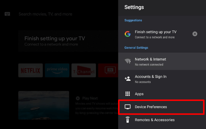 Select Device preferences on Android TV