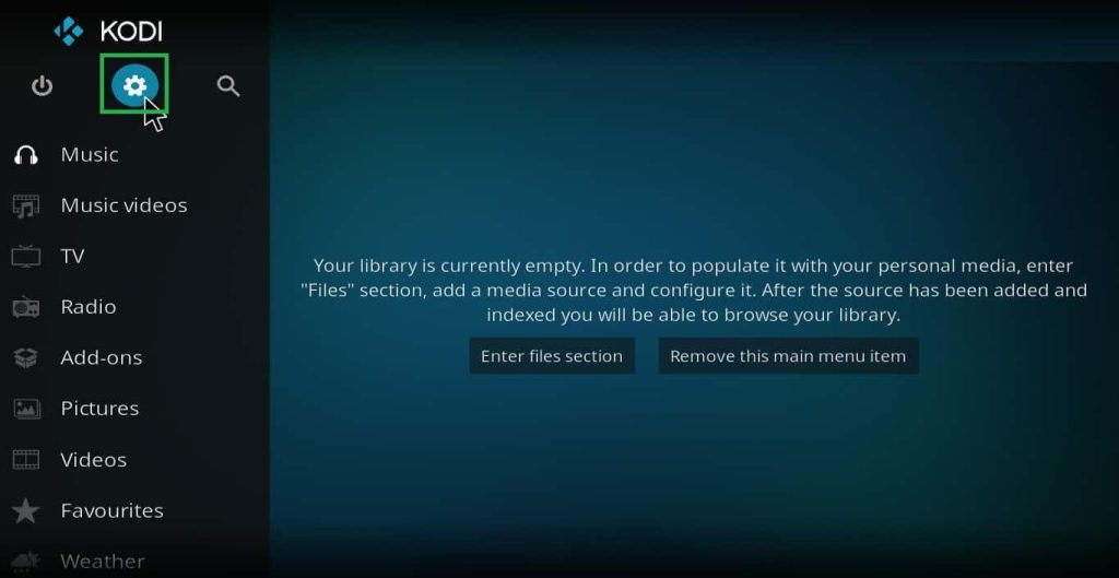 Open Settings on the Kodi app