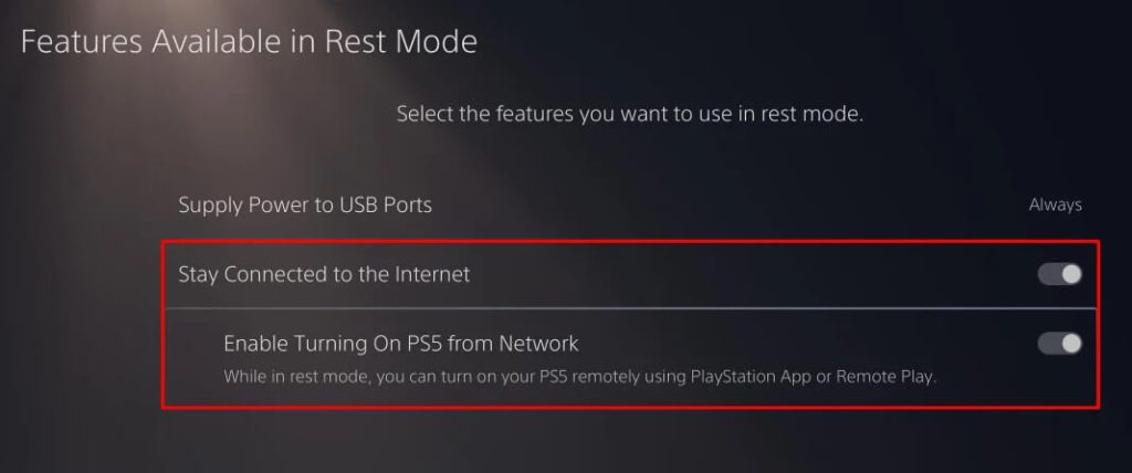 Turn on Stay Connected to the Internet and Enable Turning On PS5 from Network